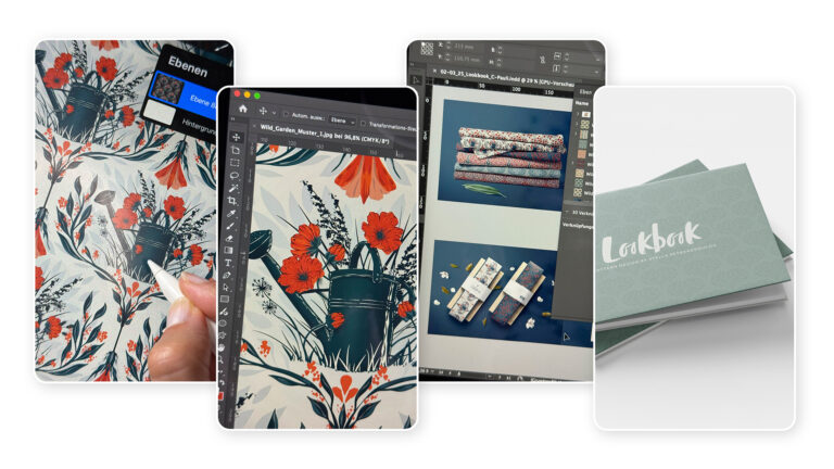 4 Bilder die den Illustrativer Workflow von Illustration zu fertigen Lookbook